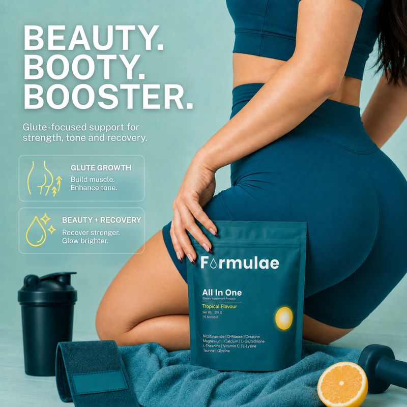 Formulae All In One tropical flavour pouch beside a shaker, towel and dumbbell, with a woman in teal gym wear