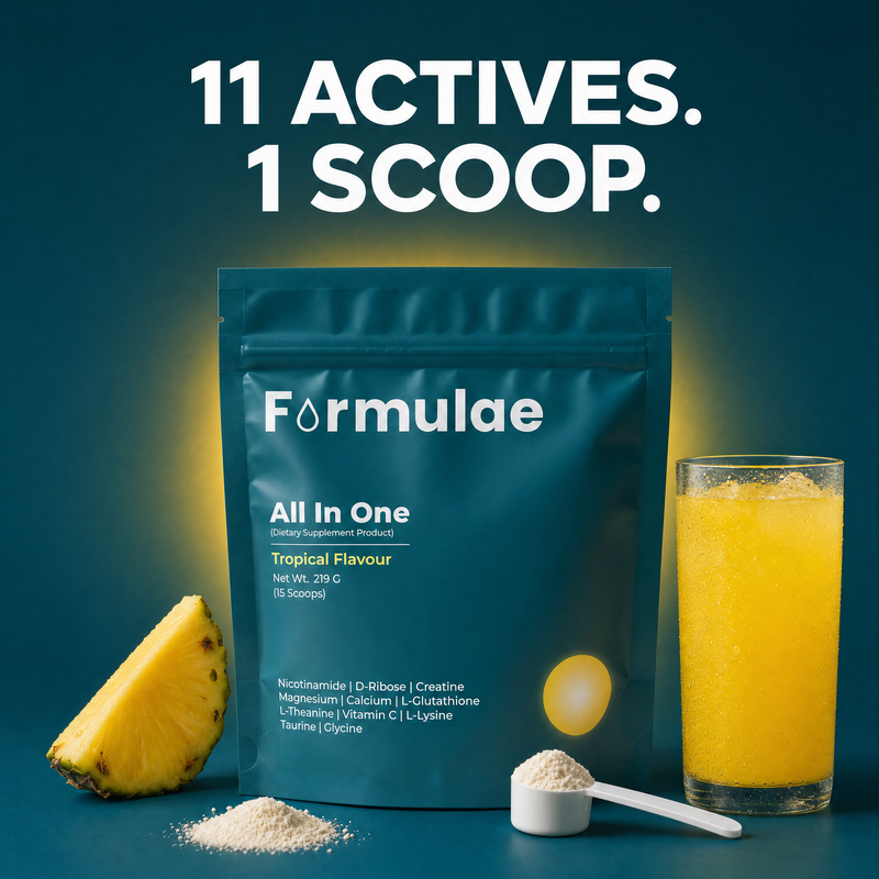 Poster reading 11 actives, 1 scoop: Formulae Booty Booster pouch with powder scoop, pineapple wedge and a glass of yellow tropical drink on teal